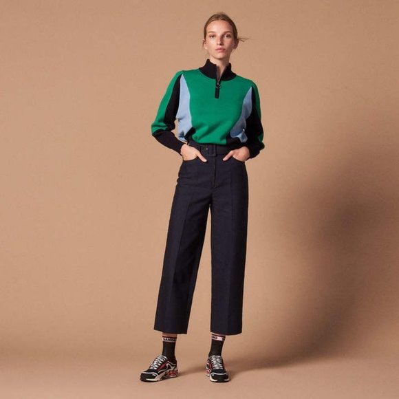 SANDRO Belted Wide-leg Pants in Deep Navy - Picture 1 of 8